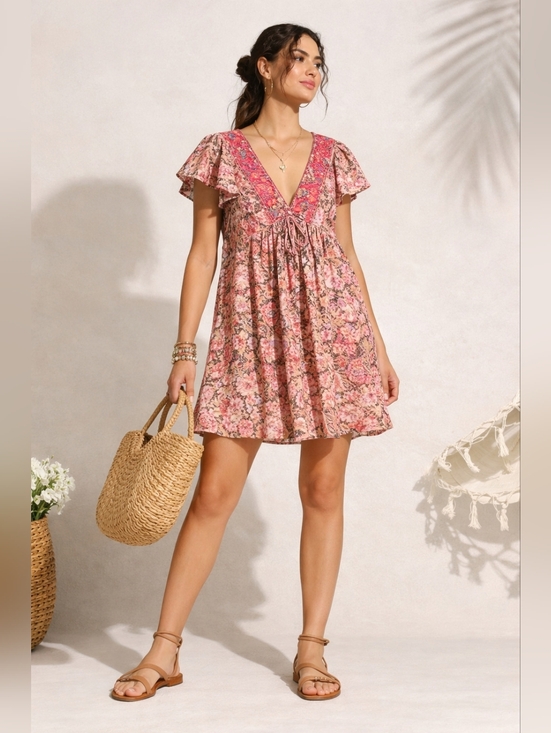 Anthropologie Dresses & Skirts - Anthropologie Ruffled Floral Mini Dress Pink Black Boho Tunic Dress